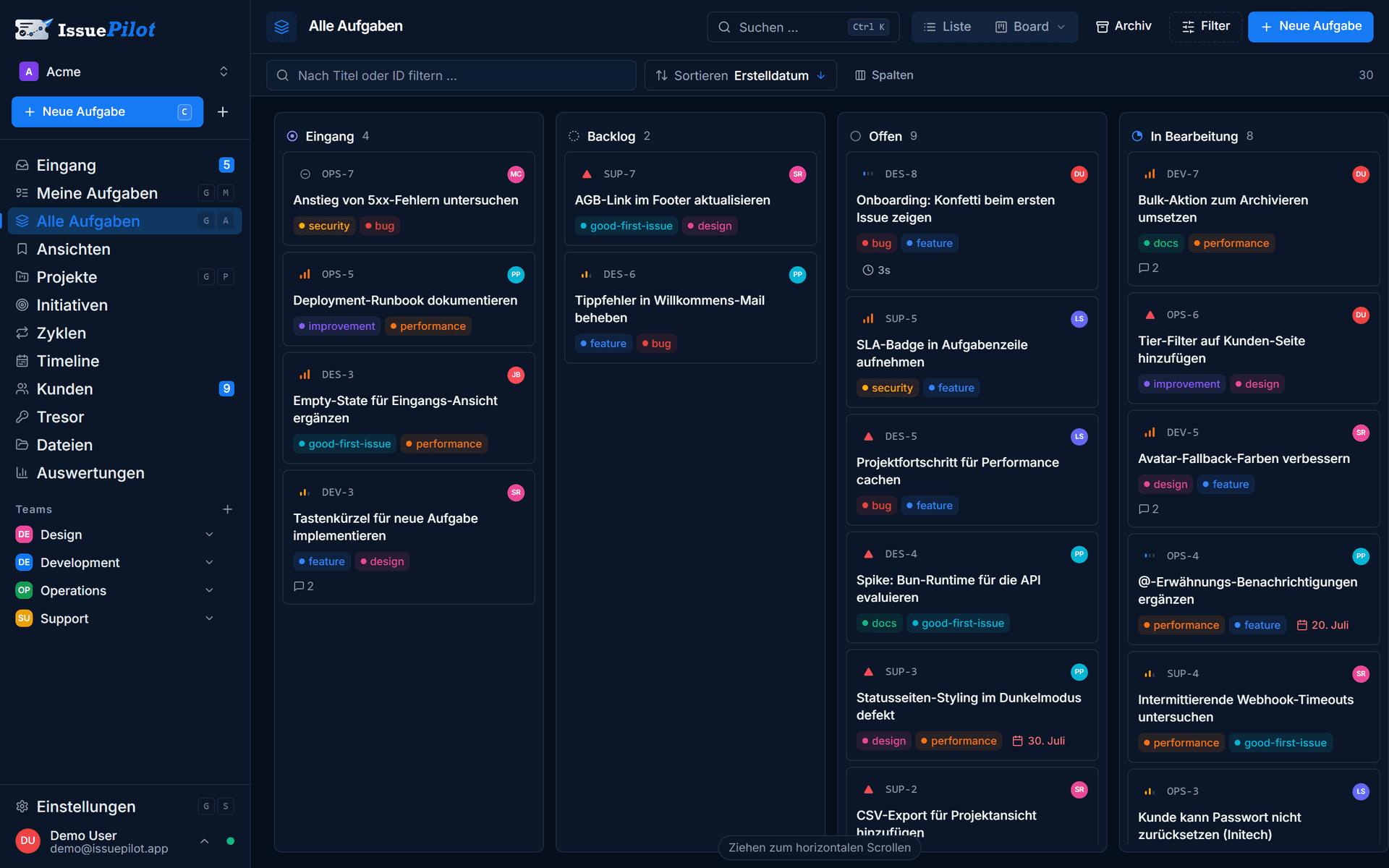 Kanban-Board in IssuePilot mit Spalten je Status, Prioritäten und Verantwortlichen