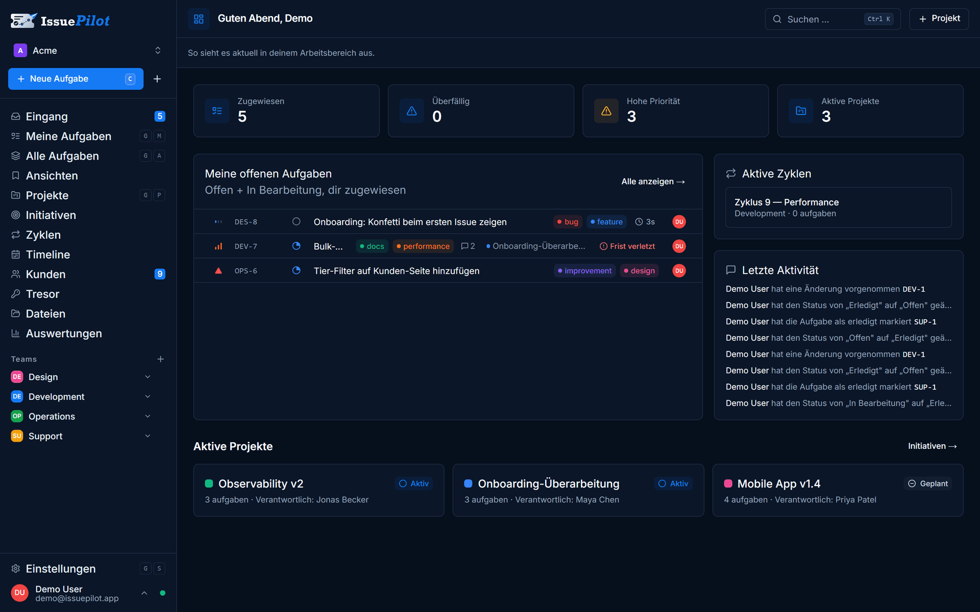 IssuePilot-Cockpit, wie es die Windows-Desktop-App in einem eigenen Fenster anzeigt