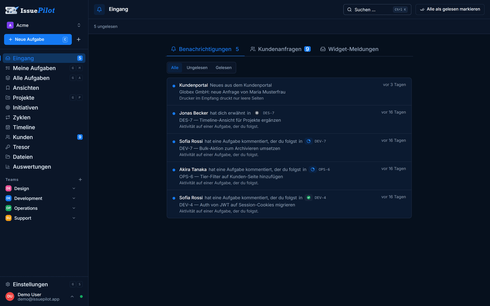 Eingang in IssuePilot: Benachrichtigungen, Kundenanfragen und Widget-Meldungen