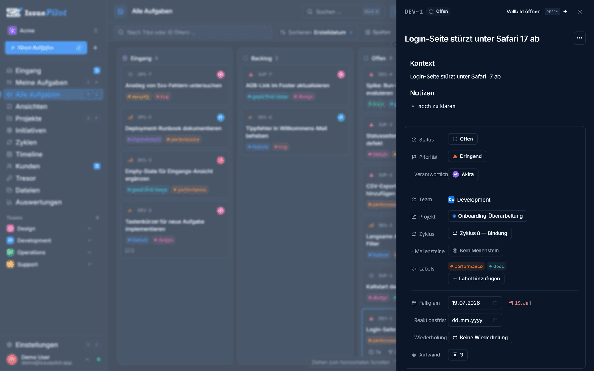 Aufgabe in IssuePilot mit Status, Priorität, Verantwortlichem, Projekt, Zyklus und Labels