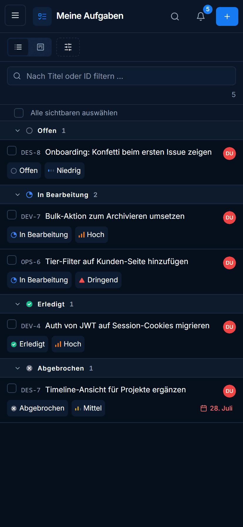 IssuePilot auf dem Handy: eigene Aufgaben unterwegs