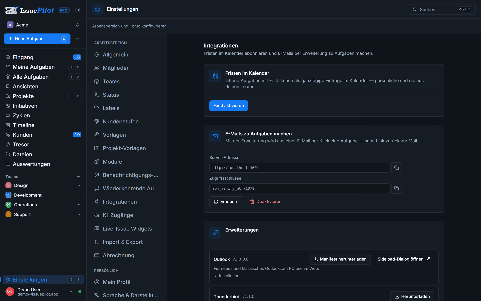 Seite „Meine Integrationen“ in IssuePilot mit Kalender-Feed und den Downloads der Erweiterungen für Outlook, Thunderbird und Gmail