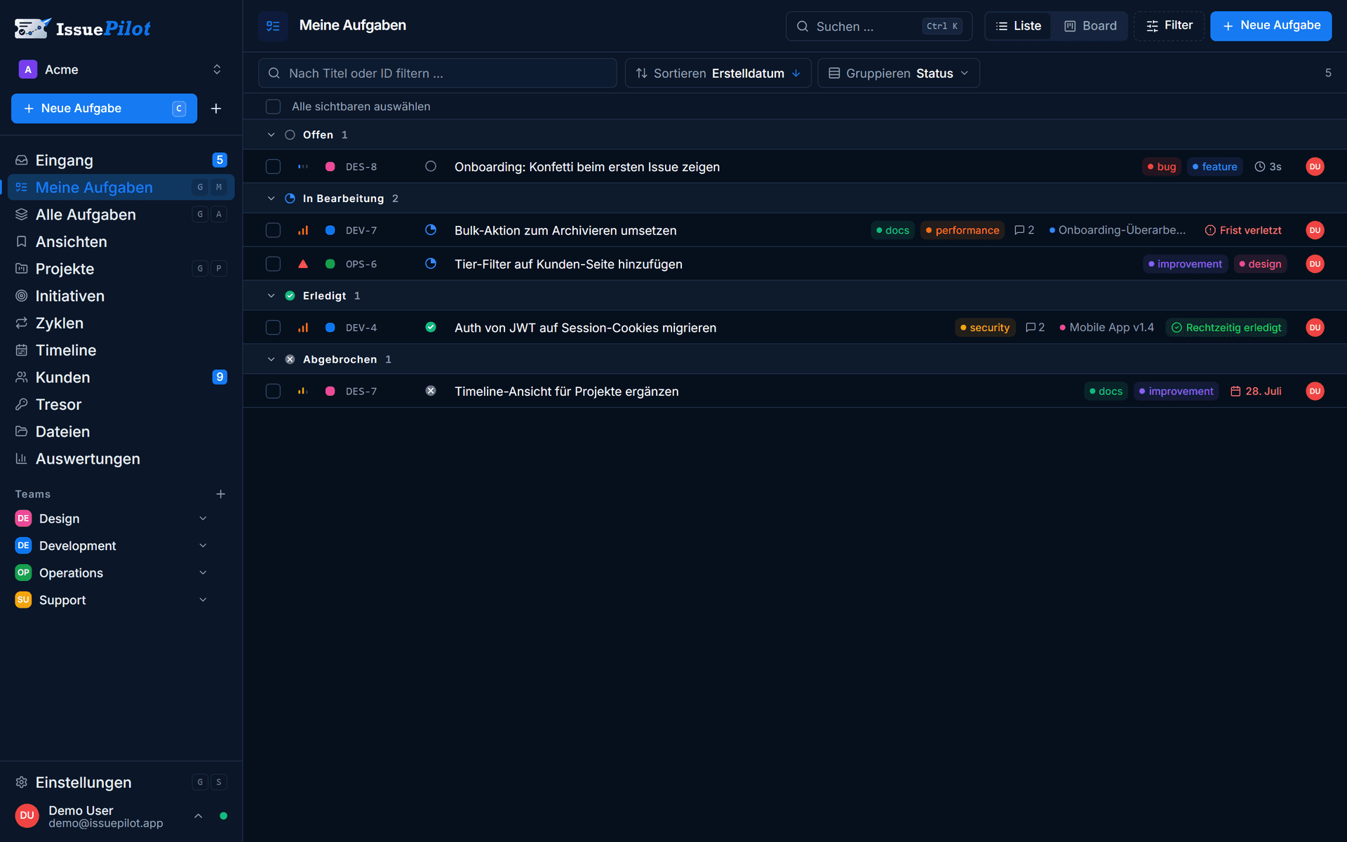 Persönliche Aufgabenliste in IssuePilot mit Fristen, wie sie der Kalender-Feed ausliefert