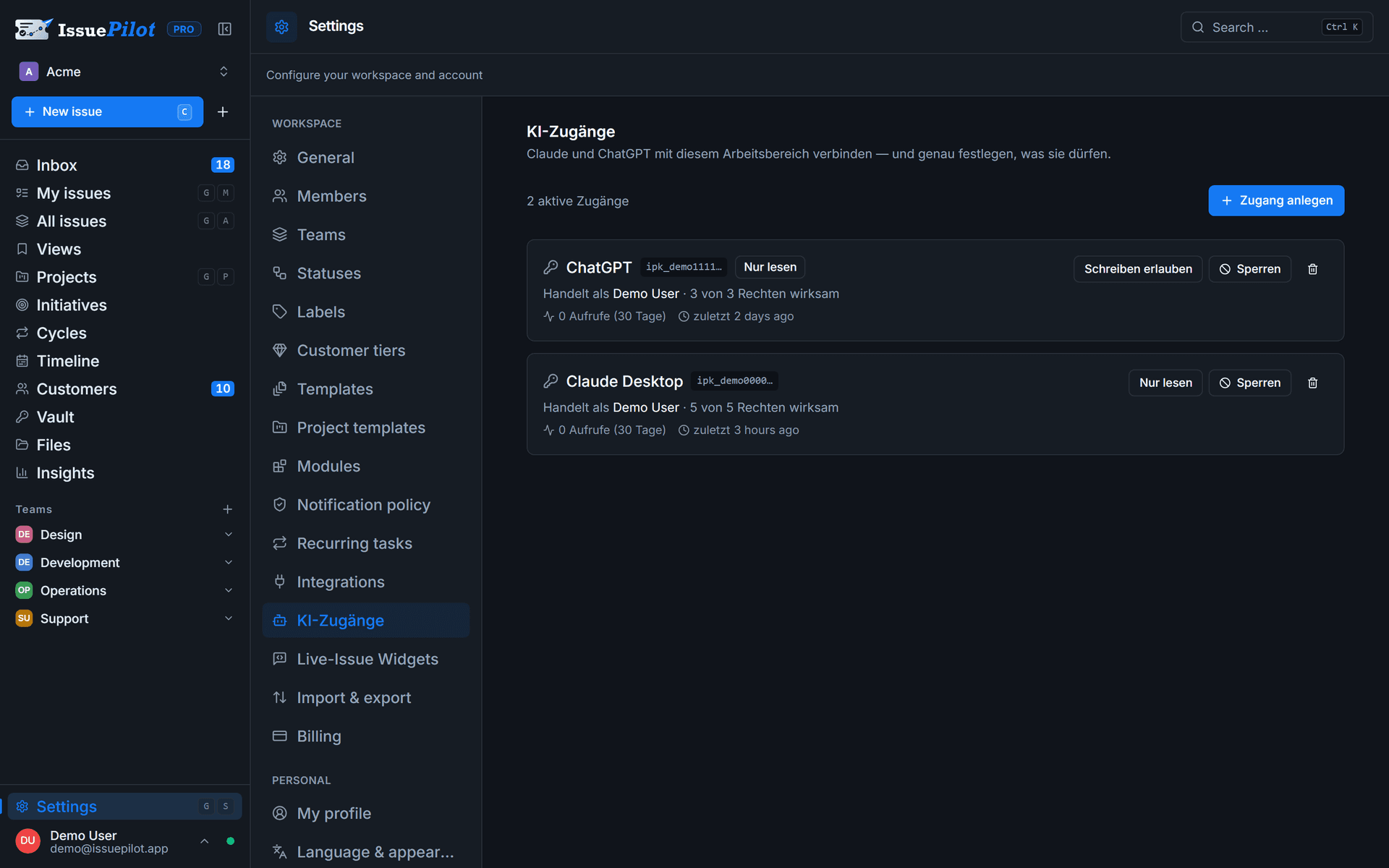 AI access keys in IssuePilot: two keys for Claude and ChatGPT with their scopes and a read-only switch