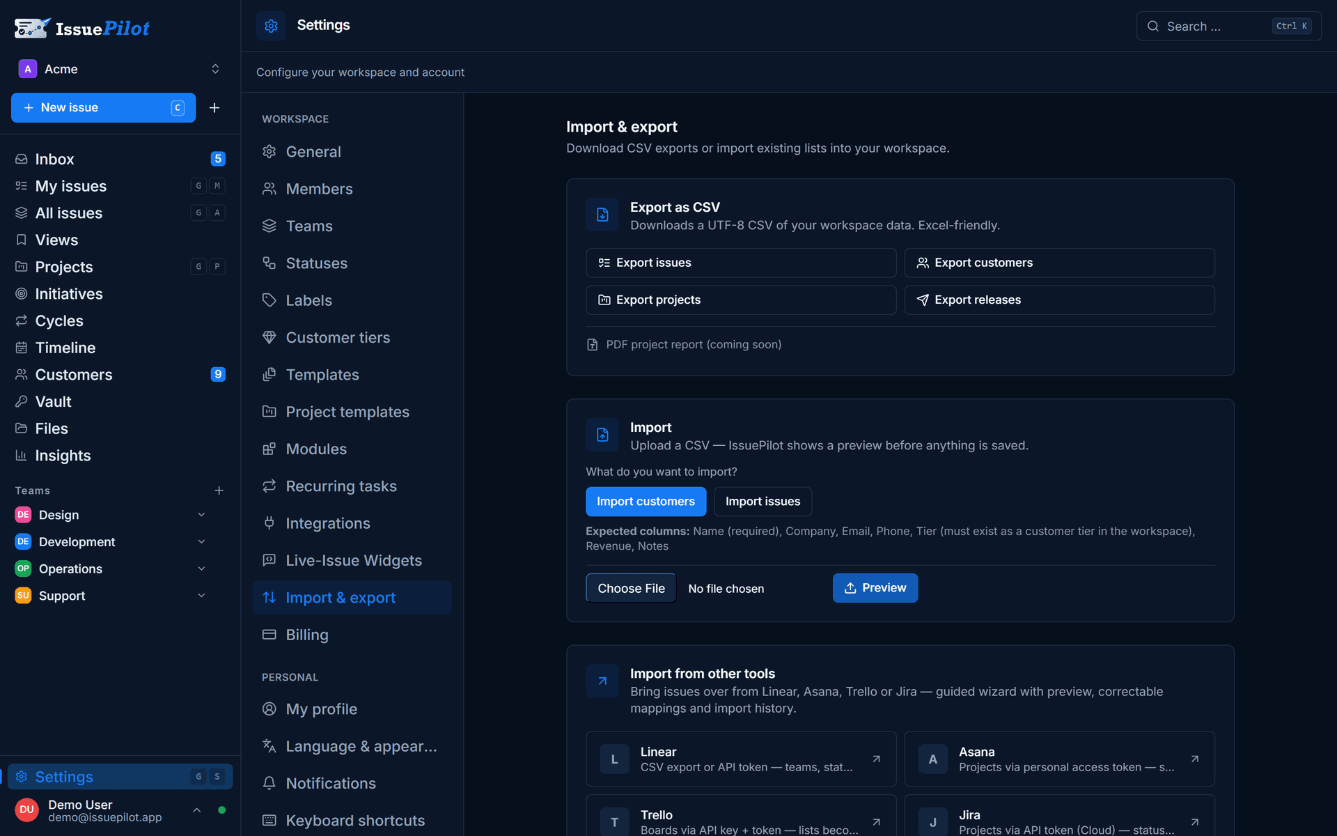 Import in IssuePilot: guided migration from Jira, Asana, Trello and Linear