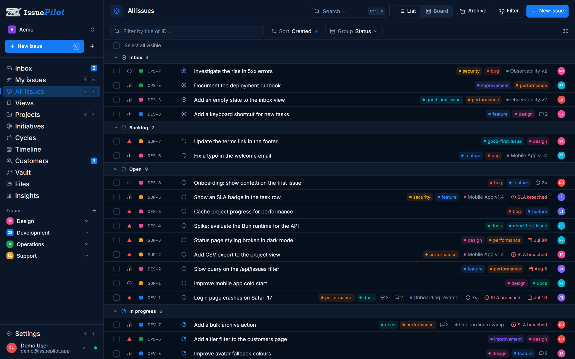 Task list in IssuePilot, grouped by status, with inline editing