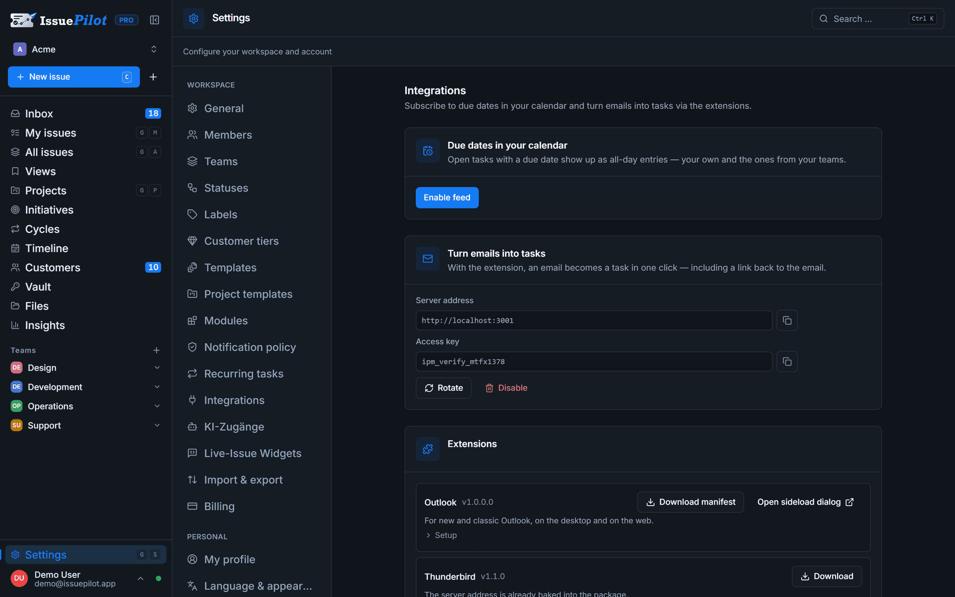 The “My integrations” page in IssuePilot with the calendar feed and the extension downloads for Outlook, Thunderbird and Gmail