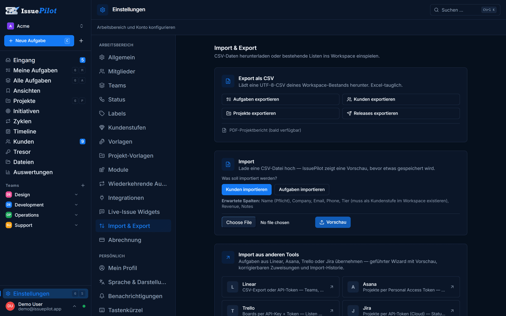 Import in IssuePilot: geführte Übernahme aus Jira, Asana, Trello und Linear