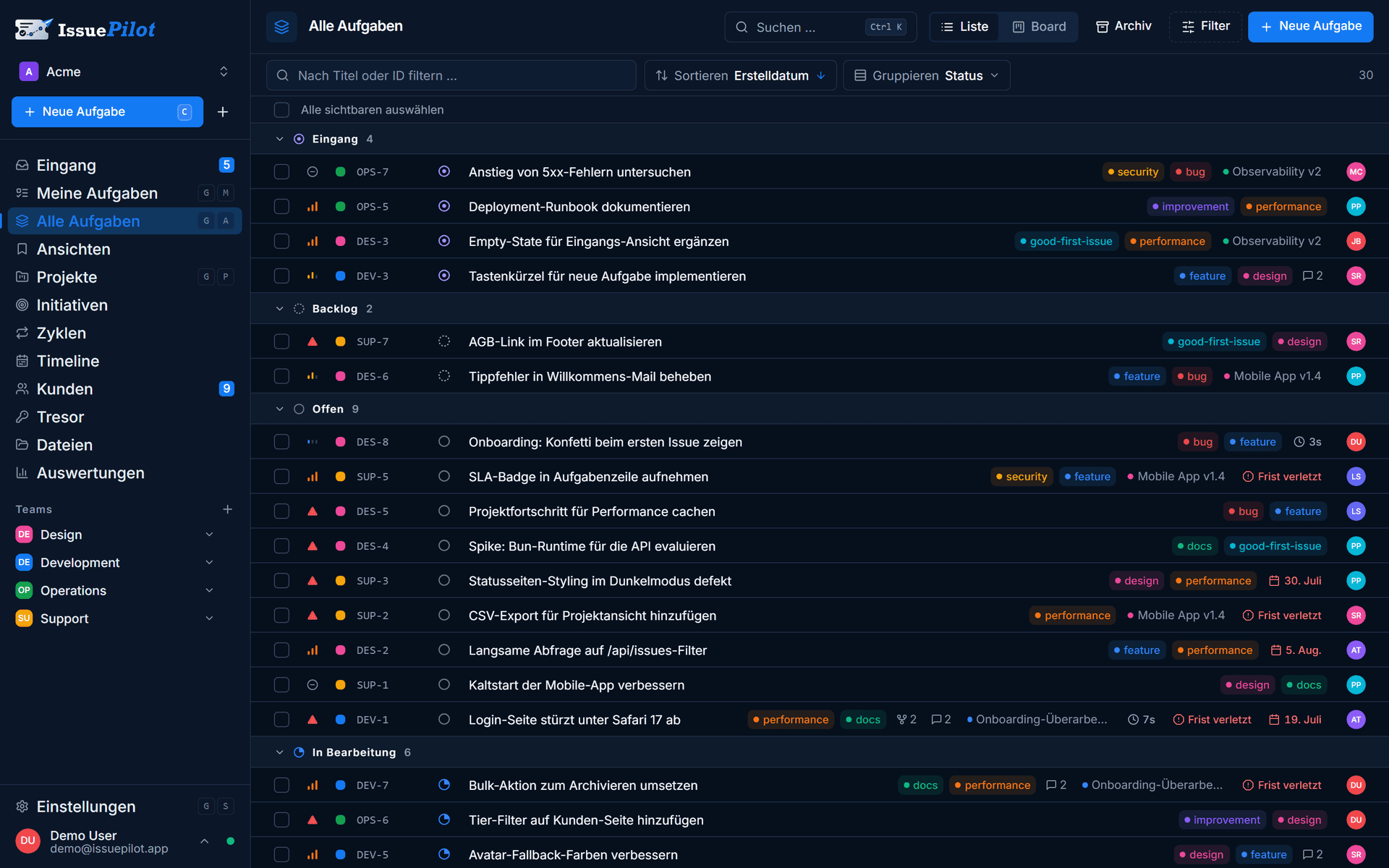 Aufgabenliste in IssuePilot, gruppiert nach Status, mit Inline-Bearbeitung