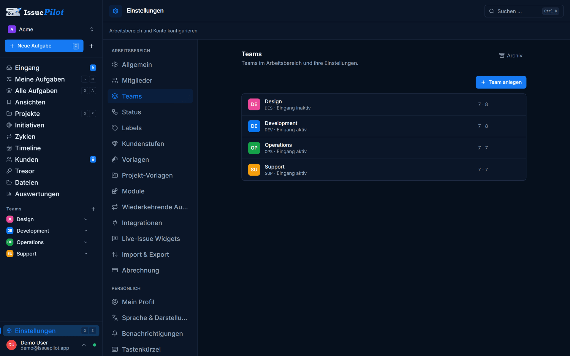 Teams in einem IssuePilot-Arbeitsbereich