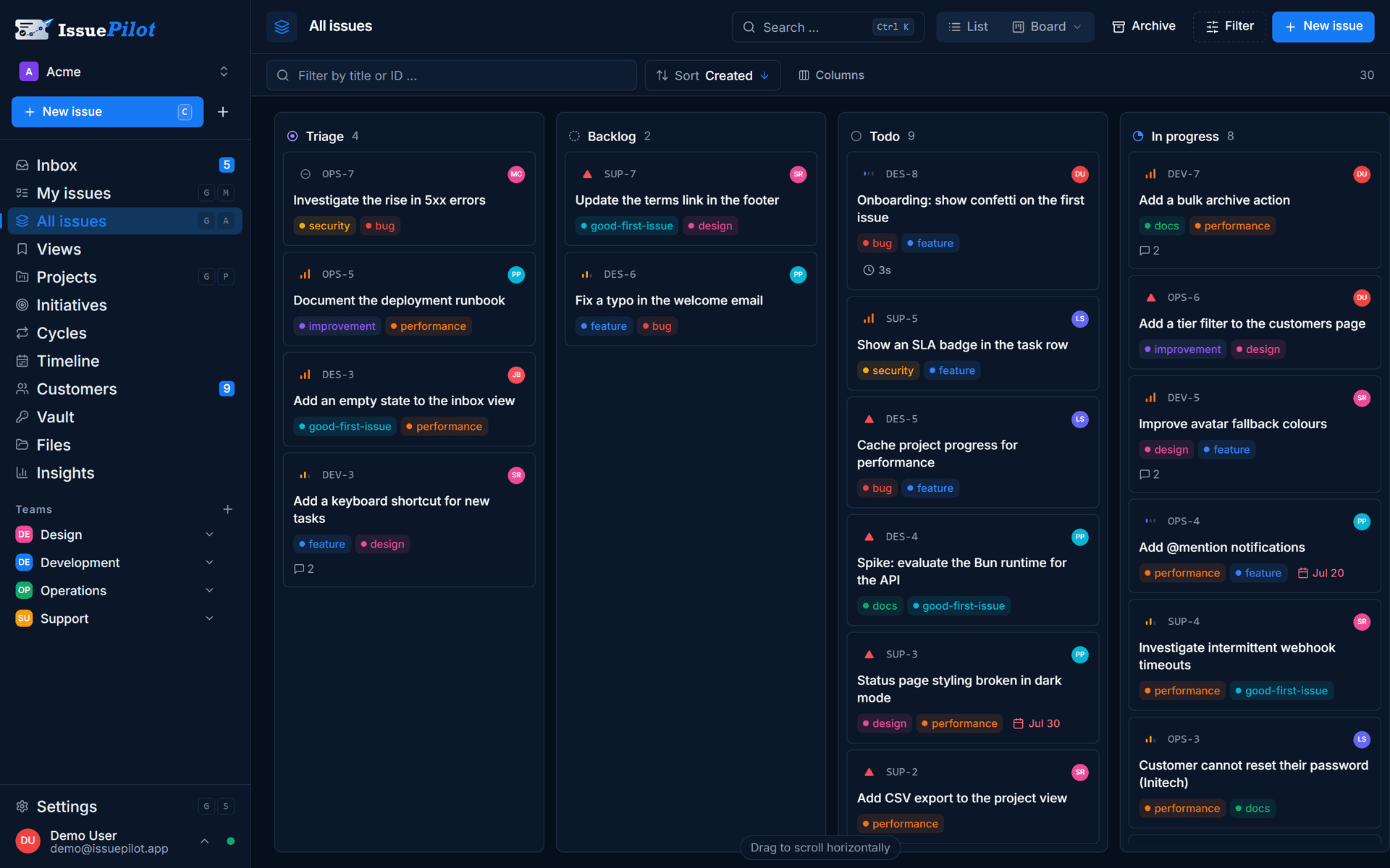 IssuePilot task board for a team with status columns, priorities and assignees