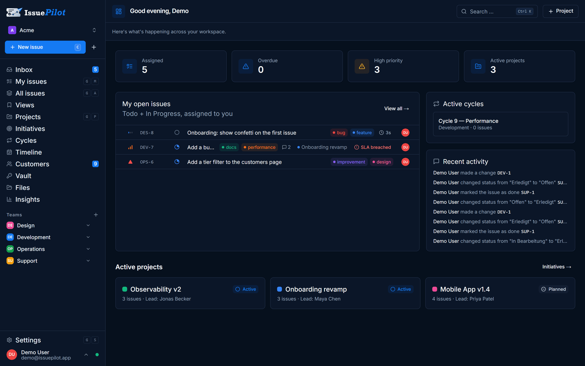 IssuePilot dashboard: assigned tasks, active cycles and projects at a glance