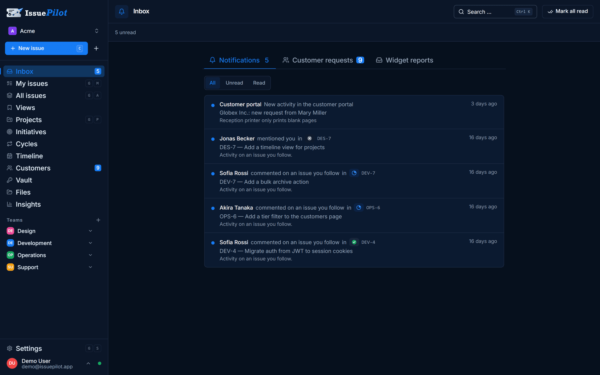 IssuePilot inbox with notifications, customer requests and widget reports