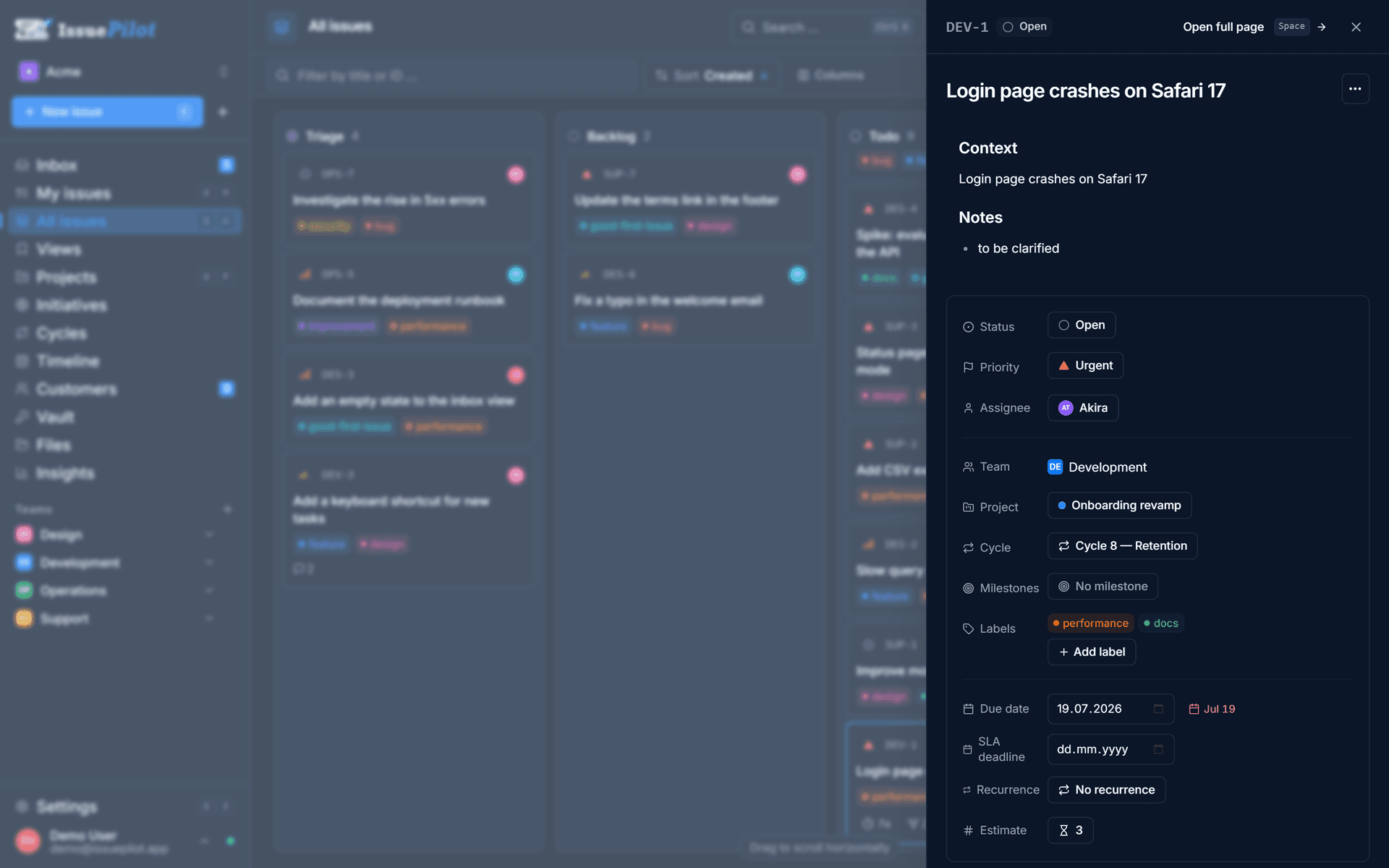 A task in IssuePilot with status, priority, assignee, project, cycle and labels