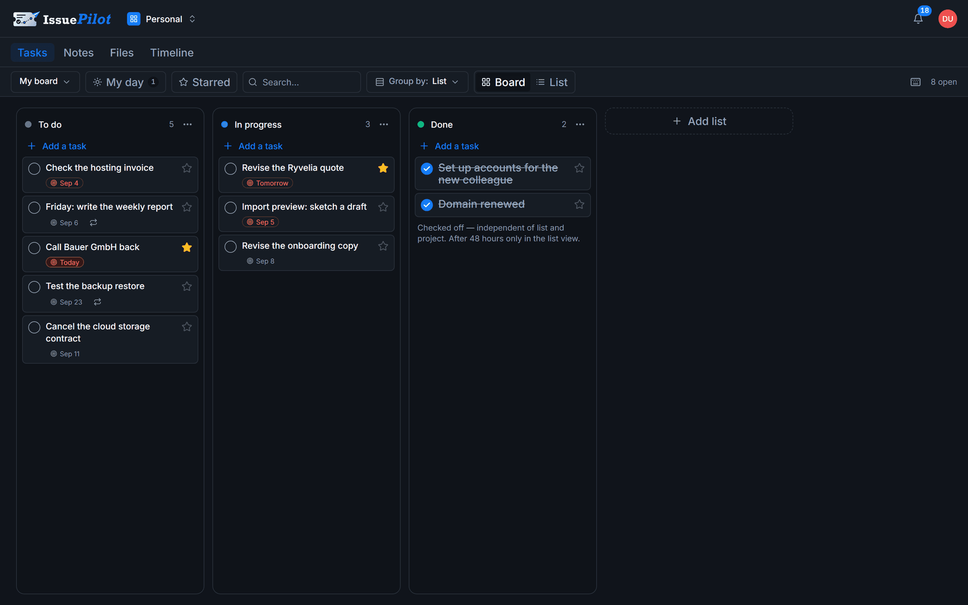 Personal board in IssuePilot with the lists “To do”, “In progress” and “Done”, starred tasks, due dates and repeating tasks