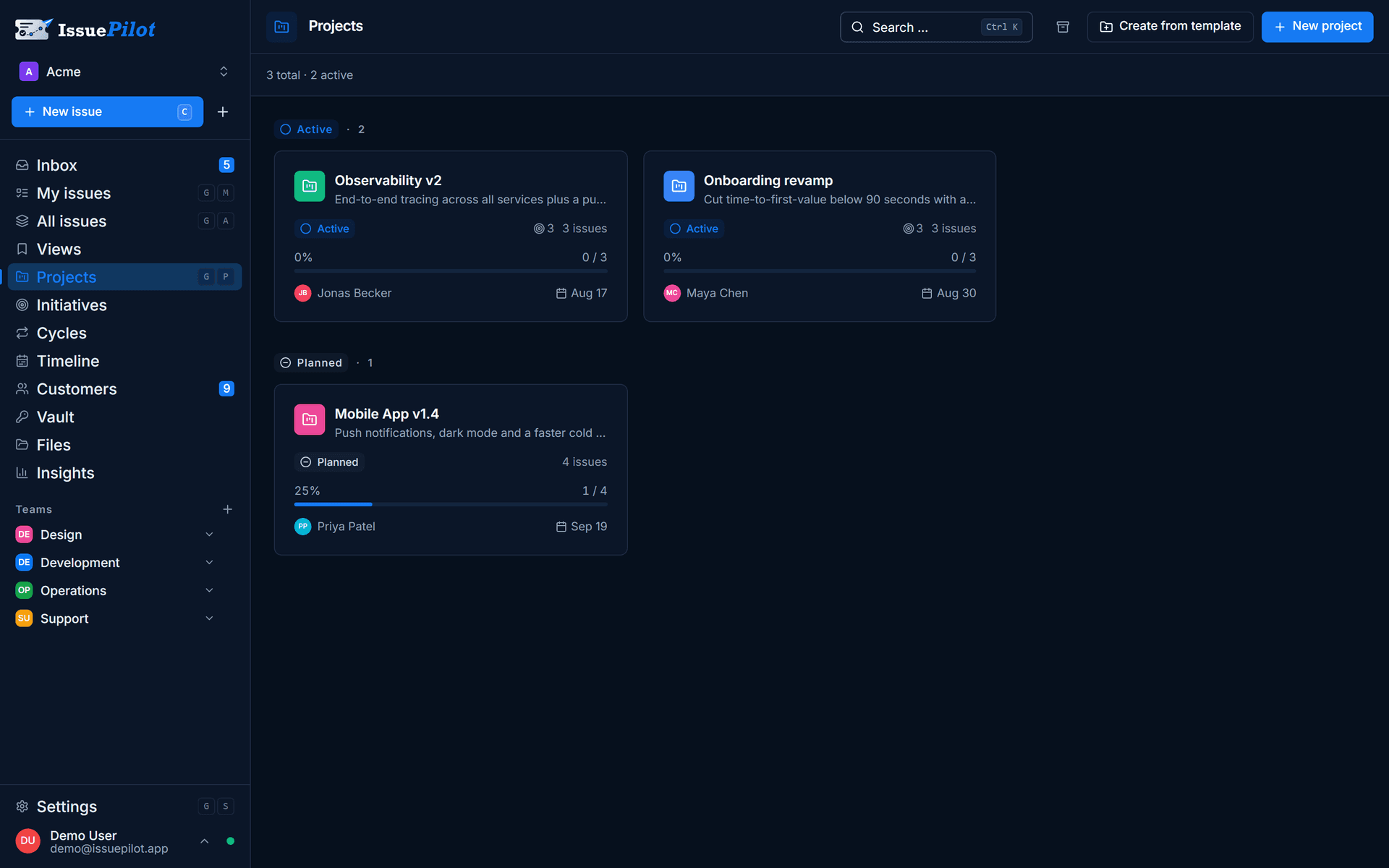 IssuePilot project overview with progress, issues and assignees