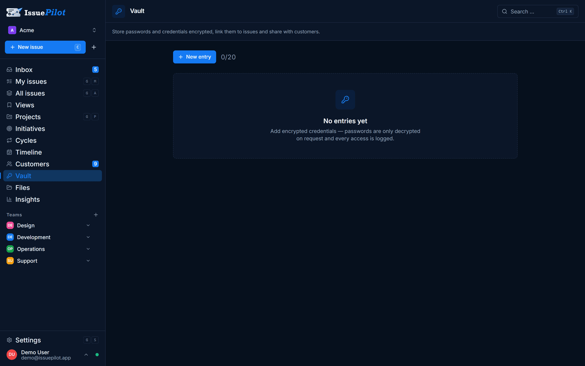 IssuePilot password vault with encrypted credentials per customer