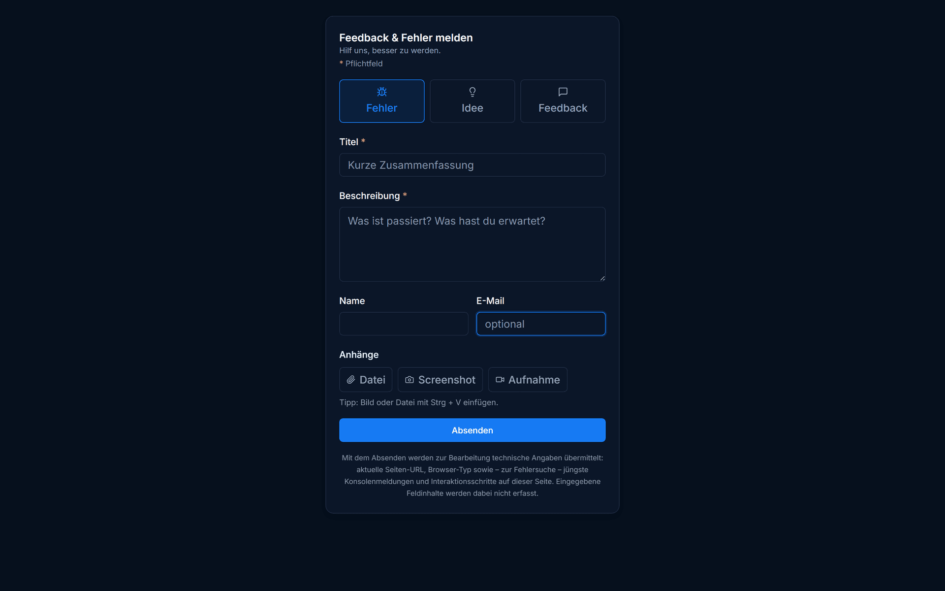 IssuePilot customer widget: a form for reporting bugs, ideas and feedback with a screenshot attachment, embedded on a customer page