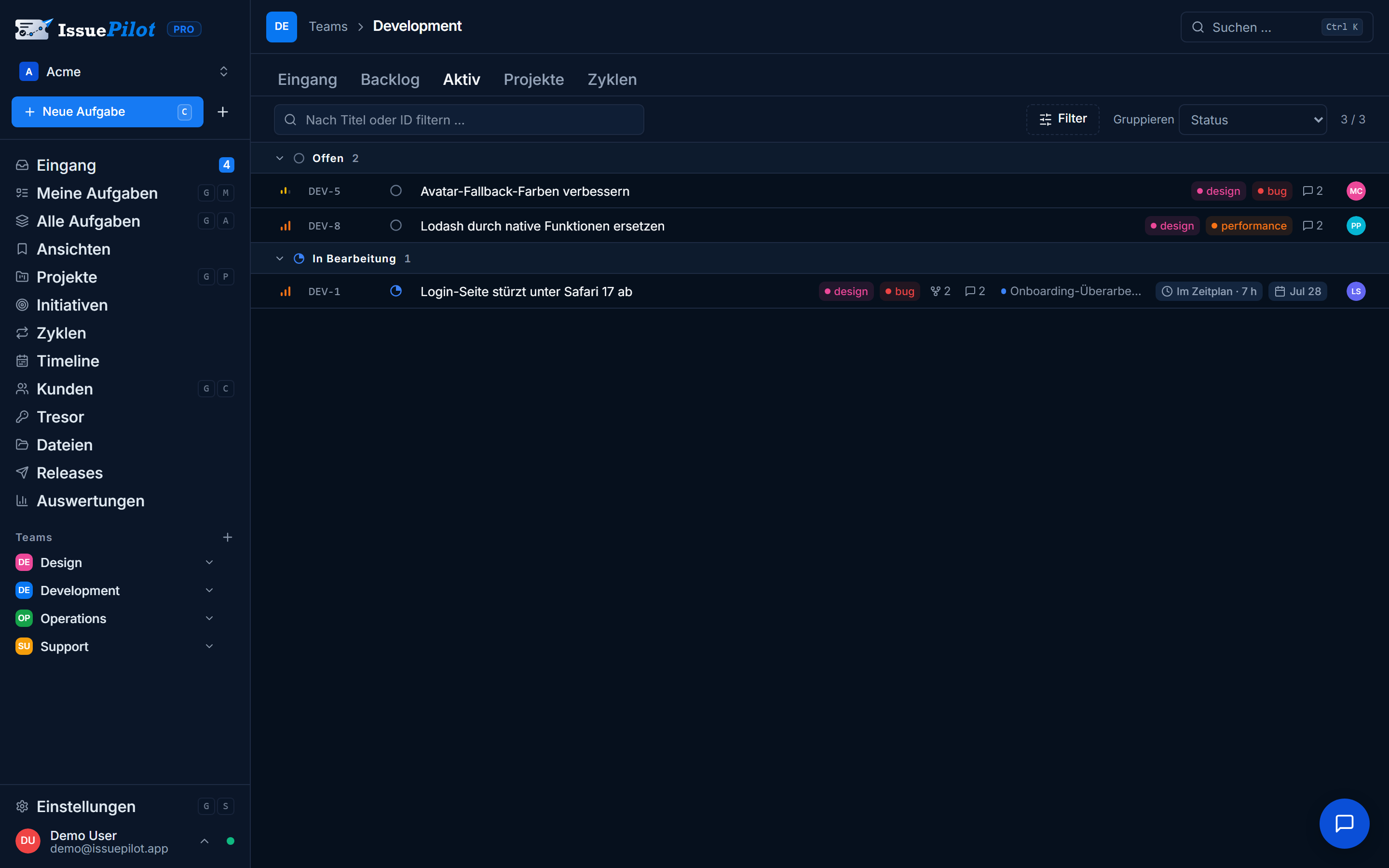 IssuePilot Aufgabenansicht eines Teams mit Status, Priorität und Verantwortlichen
