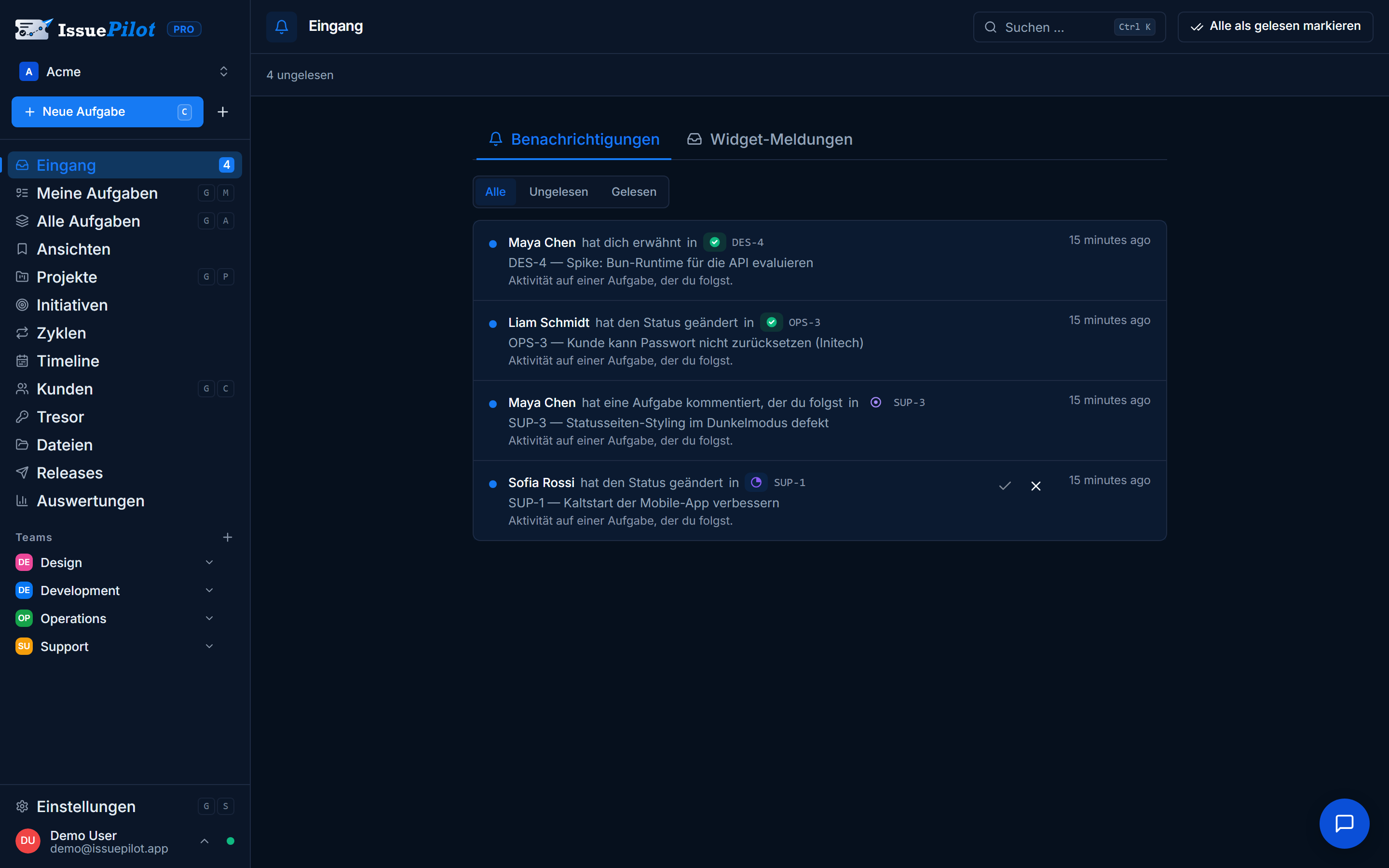 IssuePilot Eingang mit Benachrichtigungen und Widget-Meldungen