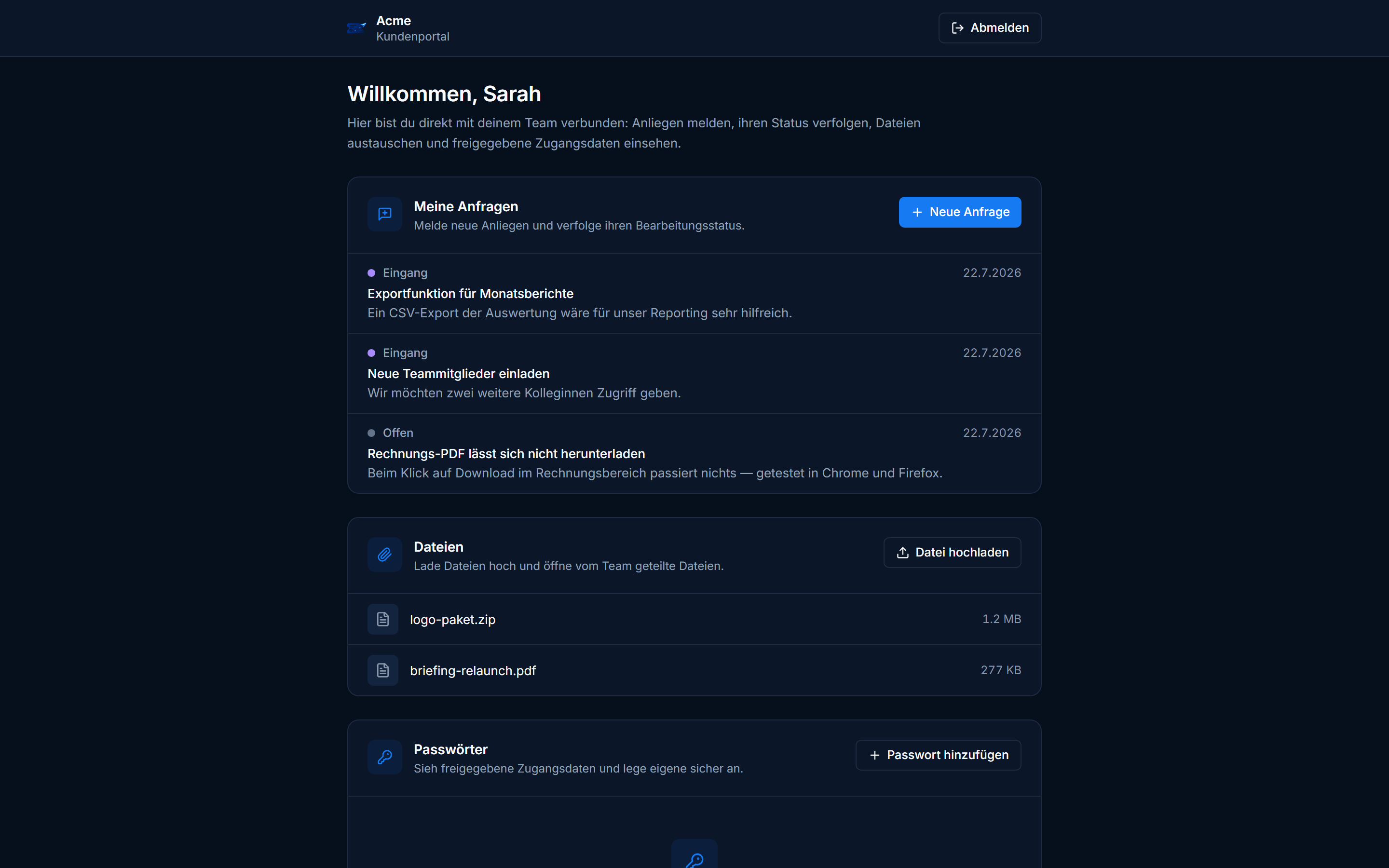 IssuePilot Kundenportal: Kunde verfolgt Anfragen mit Status, tauscht Dateien aus und sieht freigegebene Zugangsdaten