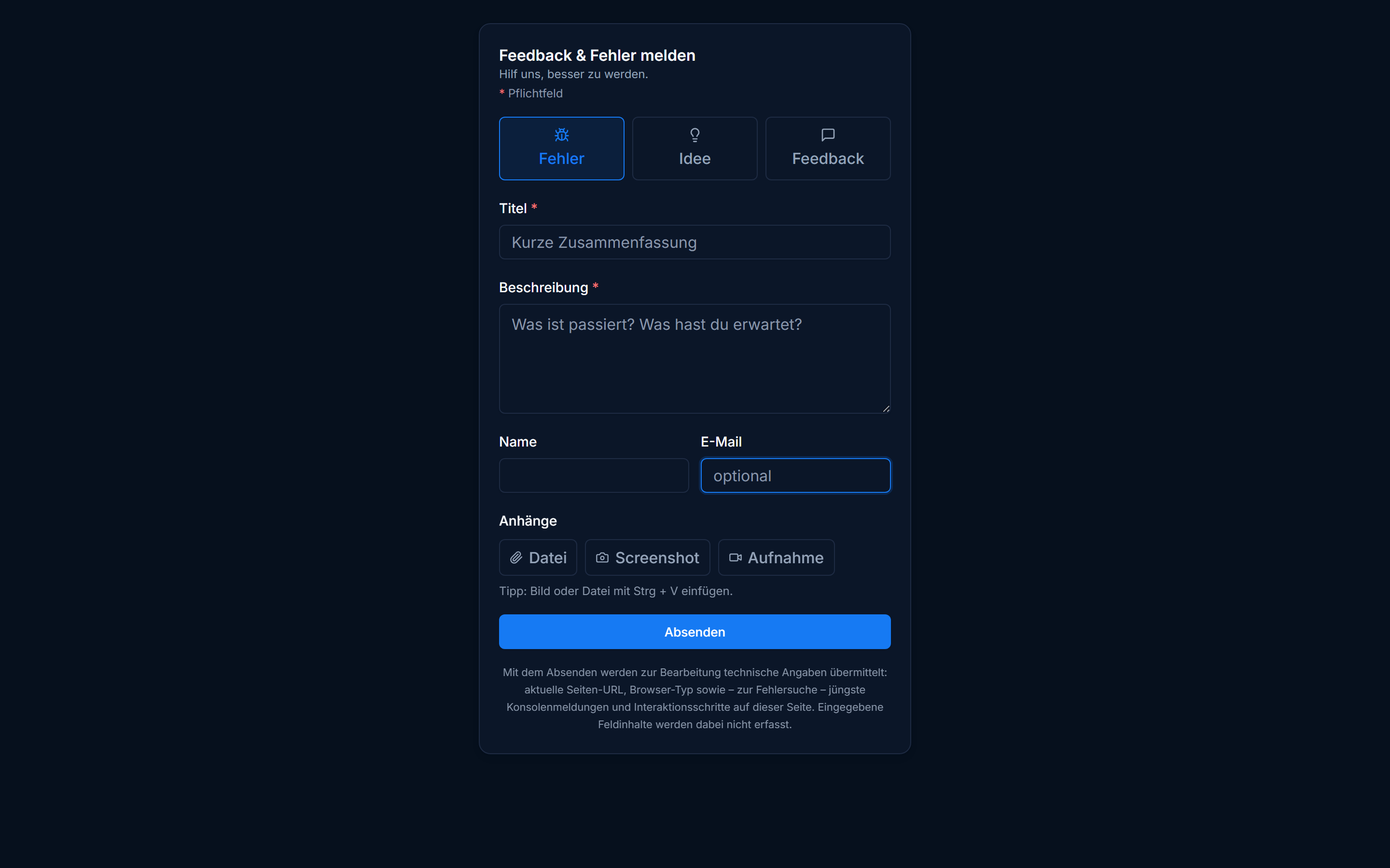 IssuePilot Kunden-Widget: Melde-Formular für Fehler, Ideen und Feedback samt Screenshot-Anhang, eingebettet auf einer Kundenseite